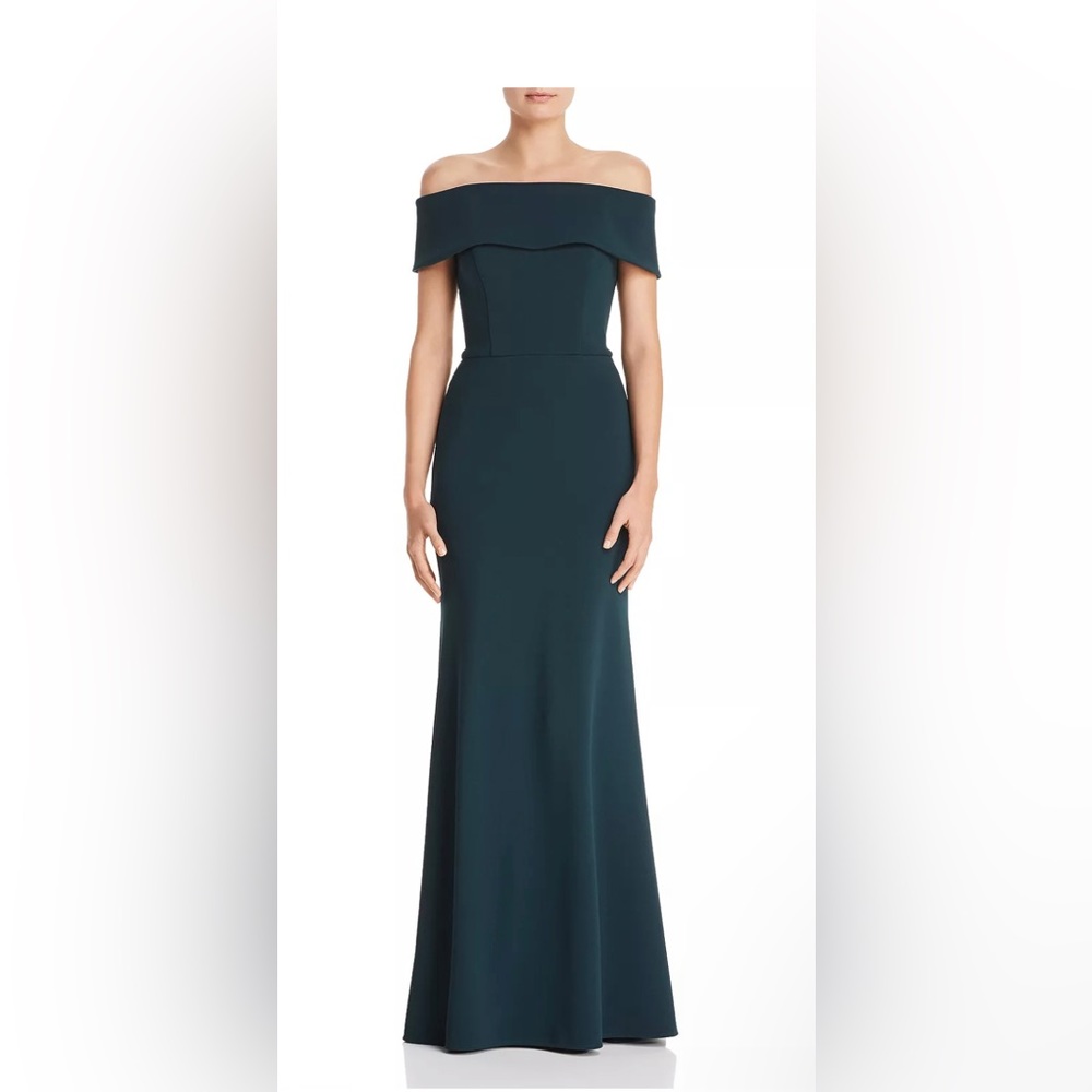 Aqua formal off shoulder scuba gown crepe emerald